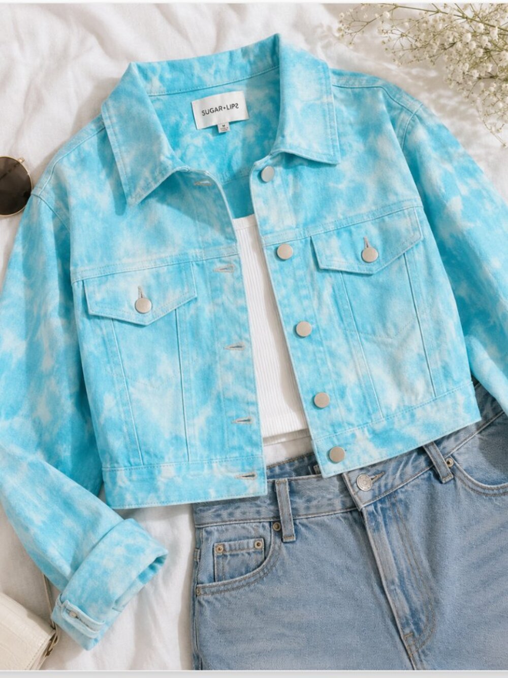 SugarLips Pastel Tie Dye Cropped Denim Jacket NWT Festival Coachella Style